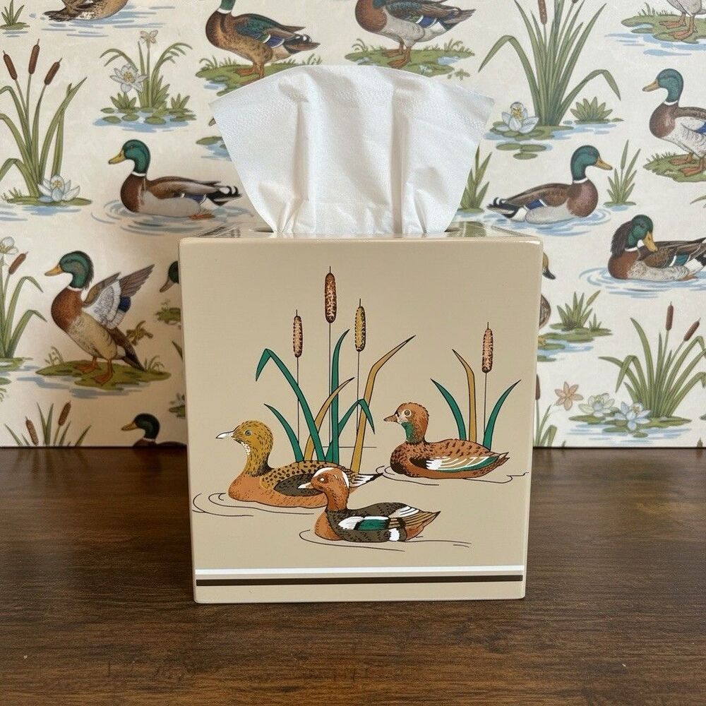 Andre Richard Japan Duck Cattail Plastic Tissue Box Cover Vintage Decor Bath Tan